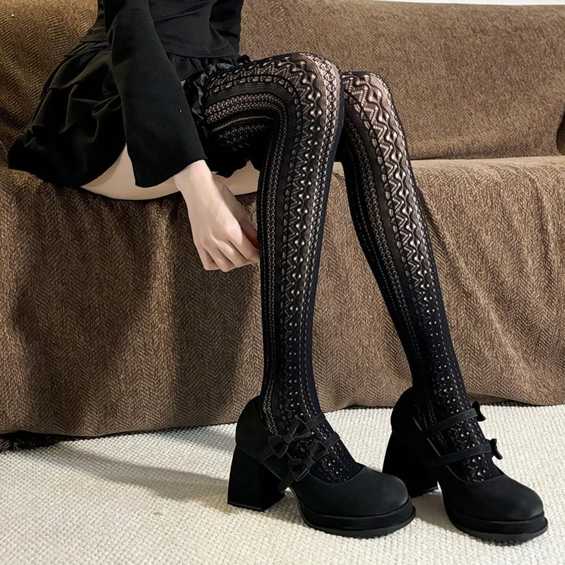 Ninejuize Thigh High Stockings with Bow, Santa Accessory Y2K Fishnet Socks with Lace Brim Lingerie Tights for Women - Image 3